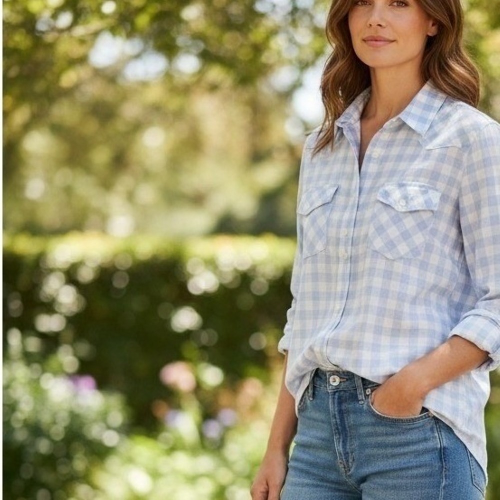 UNTUCKit Santa Marzi Women 16 Blue White Gingham Stretch Cotton Summer Shirt New